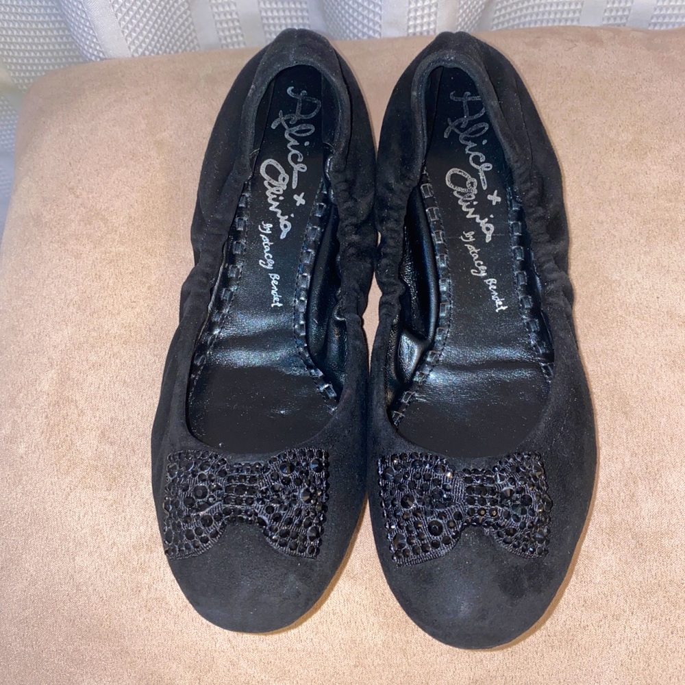 ALICE + OLIVIA by Stacey Bendet Black Suede Crystal Bow Ballet Flat Shoes 37